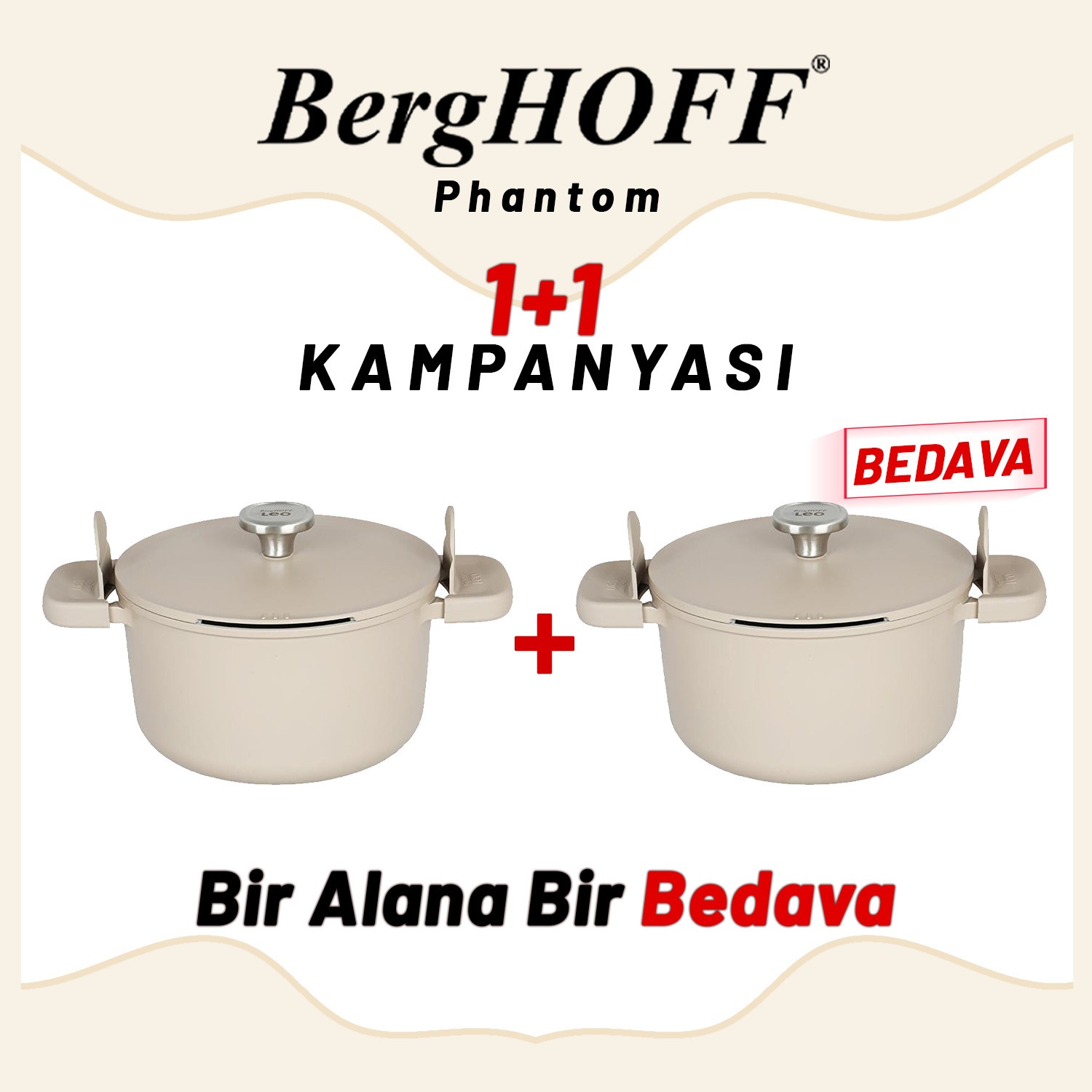 Berghoff 1+1 Hediye Leo Phantom Kapakli Yapişmaz Derin Tencere 24 Cm Latte - 2