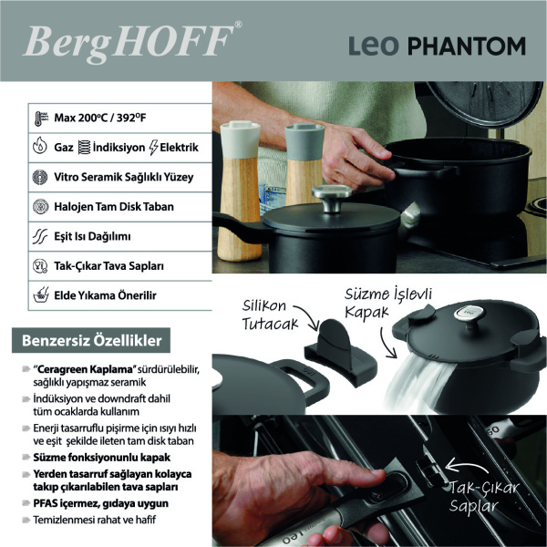 Berghoff 1+1 Hediye Leo Phantom Yapışmaz Kapaklı Derin Tencere 28 cm - 5