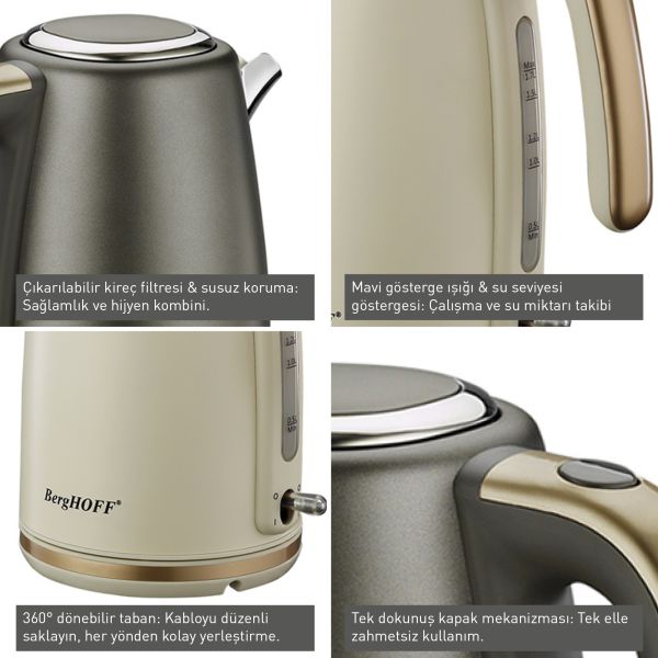 BergHOFF GEM PEARL 1.7 Litre Gri Gold Modern Su Isıtıcı - 3