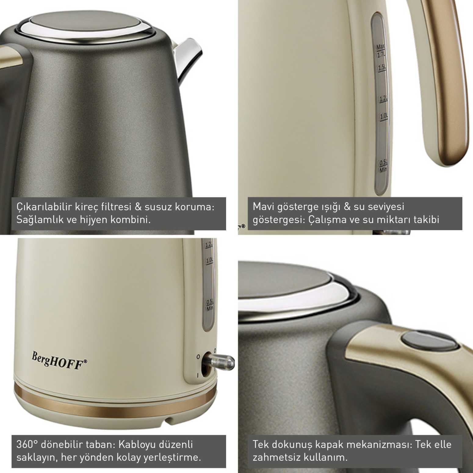 BergHOFF GEM PEARL 1.7 Litre Gri Gold Modern Su Isıtıcı - 3