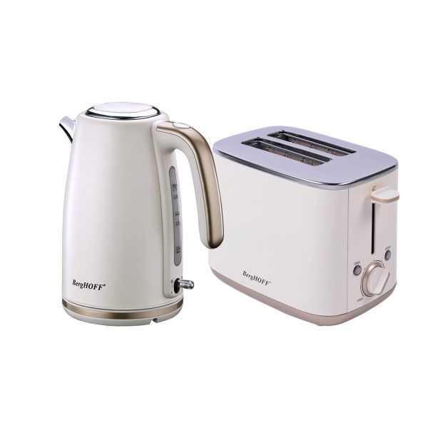 BERGHOFF - Berghoff Gem Pearl 1.7 Litre Vanilya Krem Rengi Gold Modern Su Isıtıcı+ İki Dilim Ekmek Kizartma Makinesi
