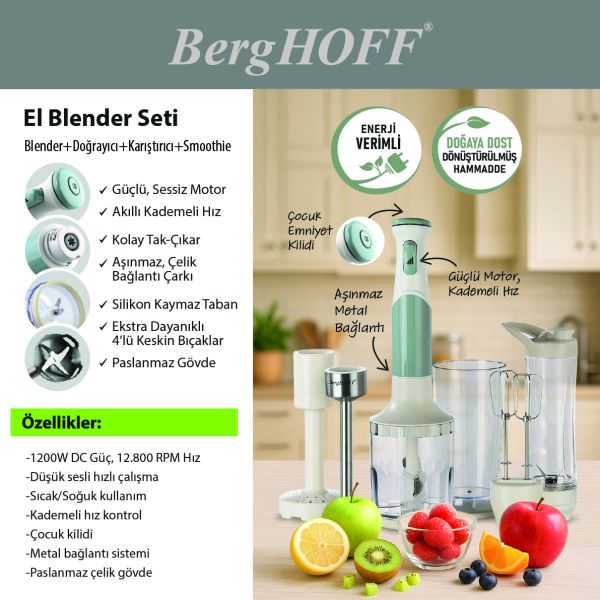 BERGHOFF - BergHOFF GEM RETRO 1200 W Mint Yeşili El Blender Seti (1)