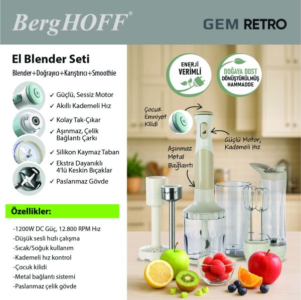 Berghoff Gem Retro 1200 W Krem Rengi El Blender Seti - 4