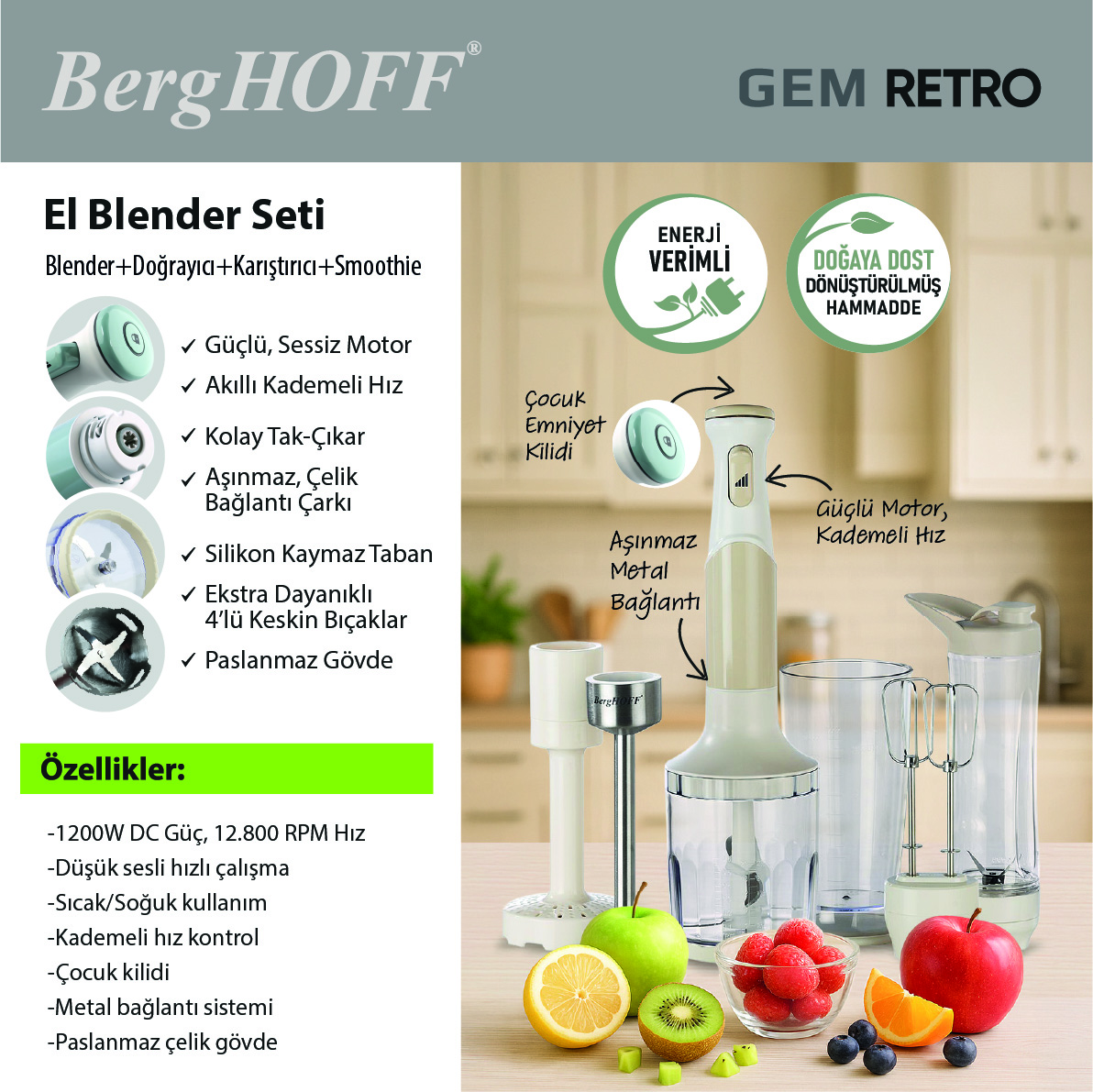 Berghoff Gem Retro 1200 W Krem Rengi El Blender Seti - 4