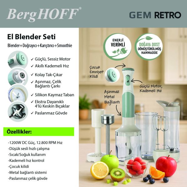 Gem Retro Mint Yeşili 1200 W El Blender Seti - 5