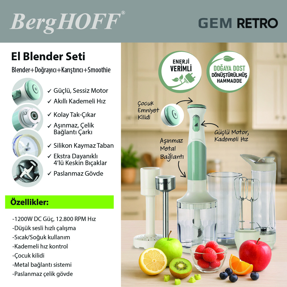 Gem Retro Mint Yeşili 1200 W El Blender Seti - 5