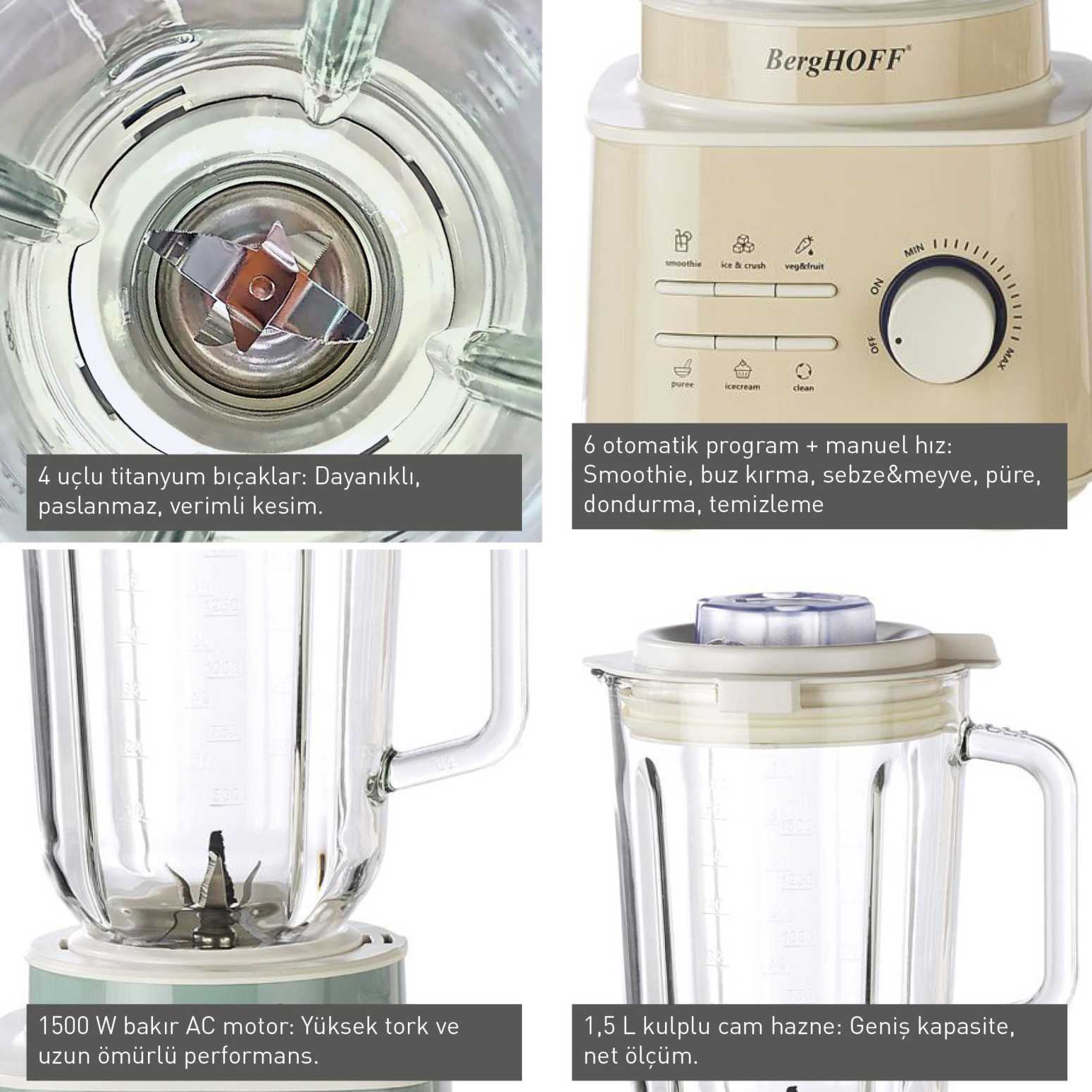 Berghoff Gem Retro 1500 W  Mint Yeşili Blender - 2