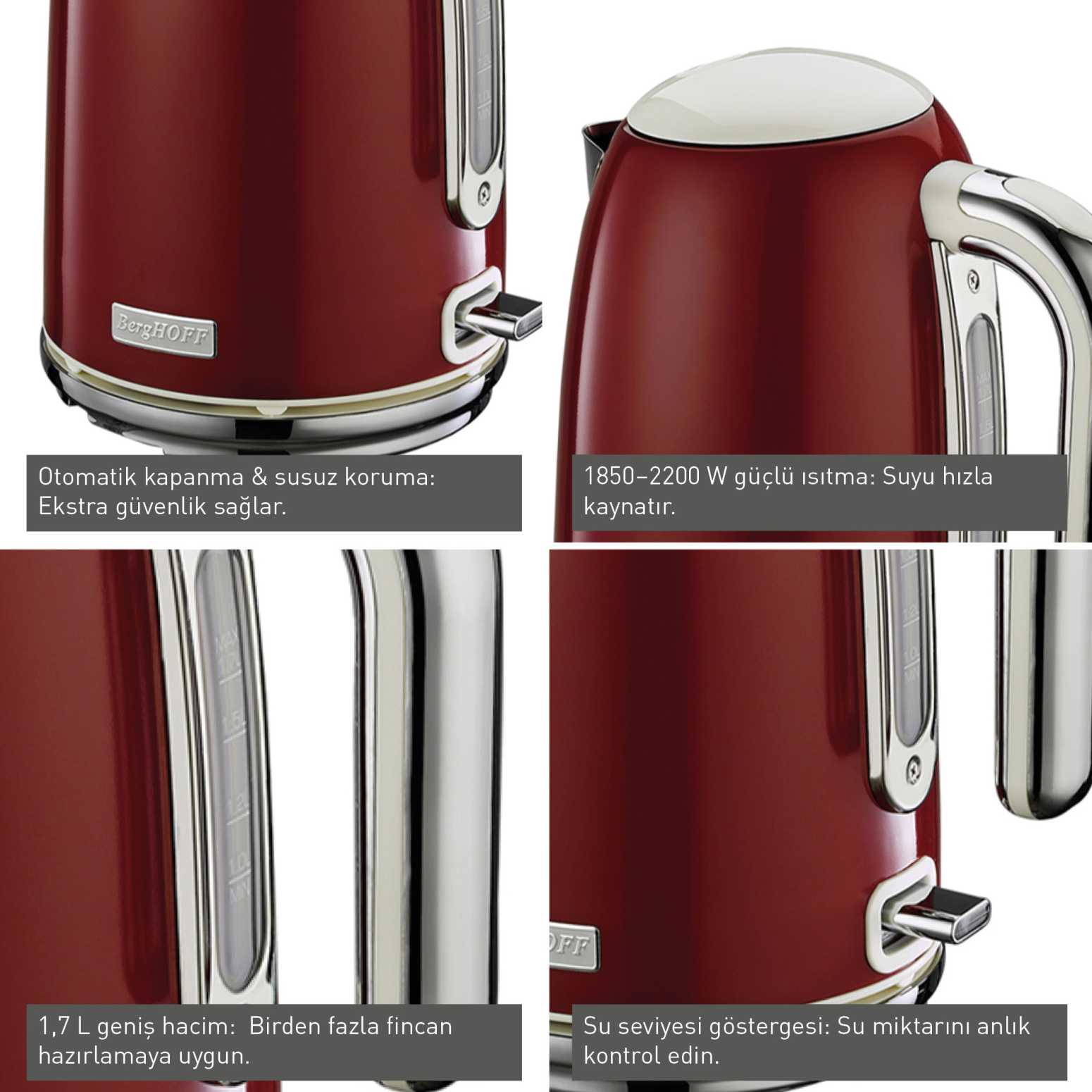 BergHOFF GEM RETRO 1.7 Litre Kırmızı Su Isıtıcısı - 3