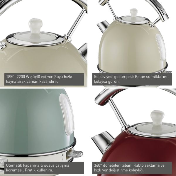 BergHOFF GEM RETRO 1.7 Litre Kırmızı Yuvarlak Su Isıtıcısı - 3