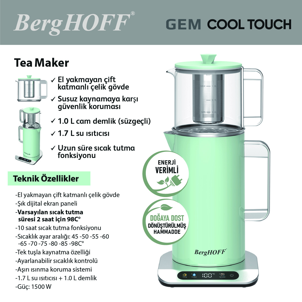 Berghoff Gem Retro 1.7 Litre Mint Yeşil Çay Makinesi - 3