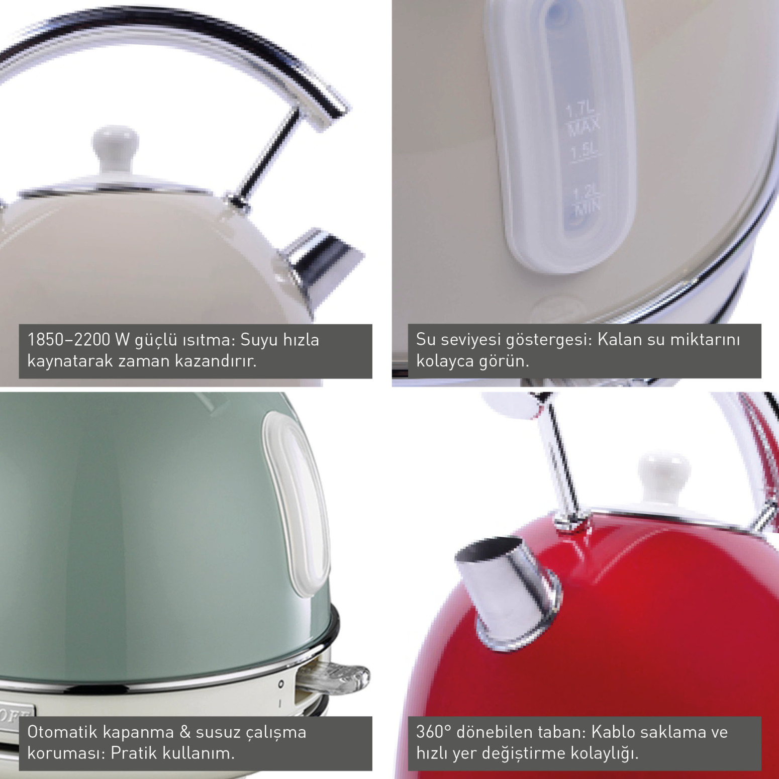 BergHOFF GEM RETRO 1.7 Litre Mint Yeşil Yuvarlak Su Isıtıcısı - 3