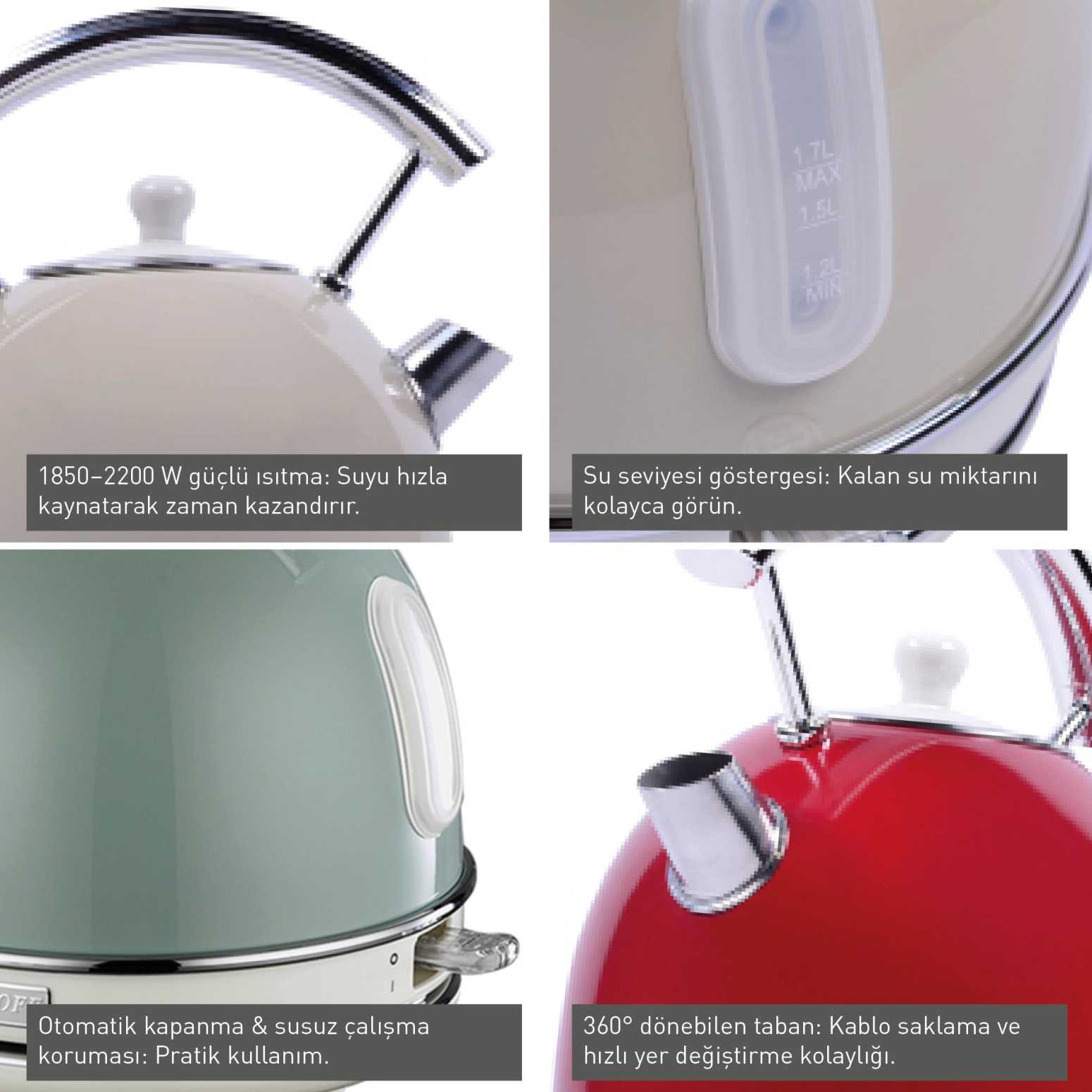 BergHOFF GEM RETRO 1.7 Litre Vanilya krem Rengi Yuvarlak Su Isıtıcısı - 3