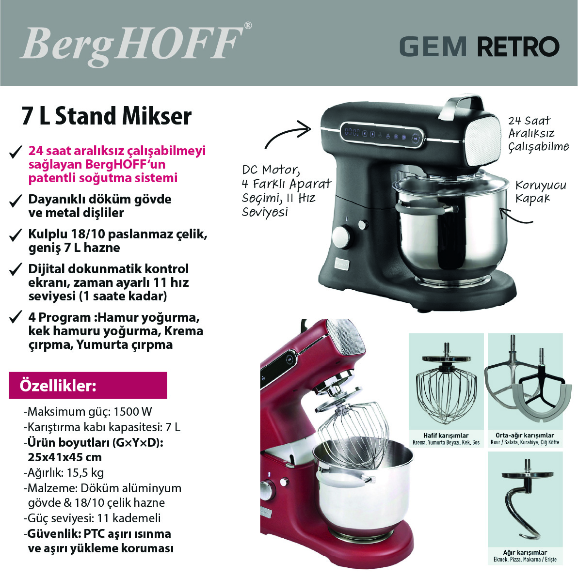 BergHOFF GEM RETRO 7 L Kırmızı Artisan Yüksek Performans Stand Mikser - 4
