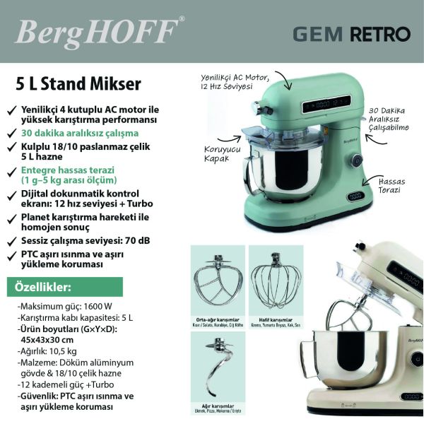 BergHOFF GEM RETRO 5 Lt Vanilya Krem Rengi Stand Mikser - 4