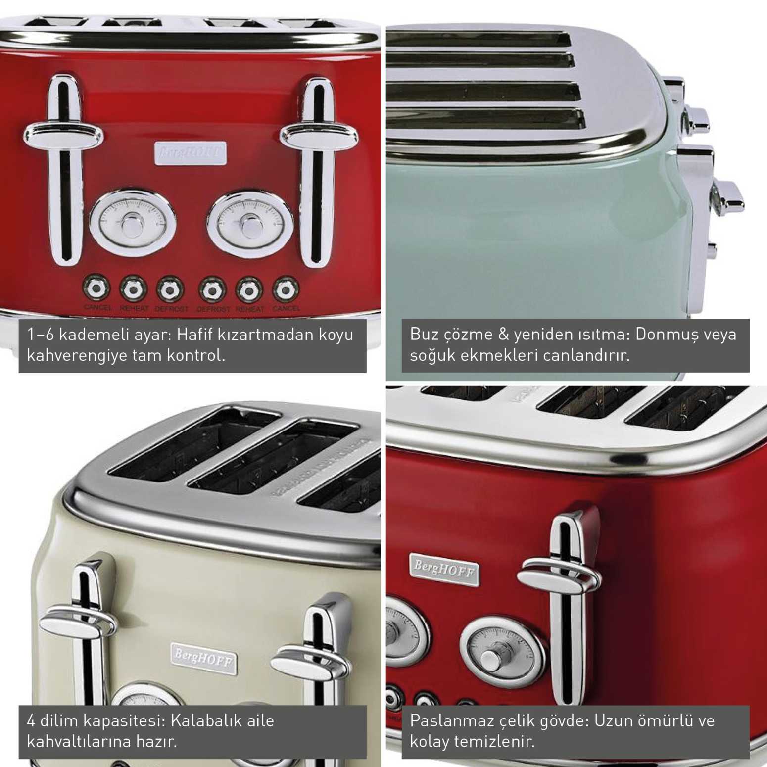 BergHOFF GEM RETRO Krem Rengi Dört Dilim Ekmek Kızartma Makinesi - 3
