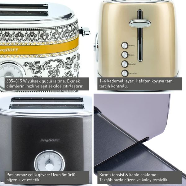 BergHOFF GEM ROYAL Margery Siyah Sarı Desenli İki Dilim Ekmek Kızartma Makinesi - 3