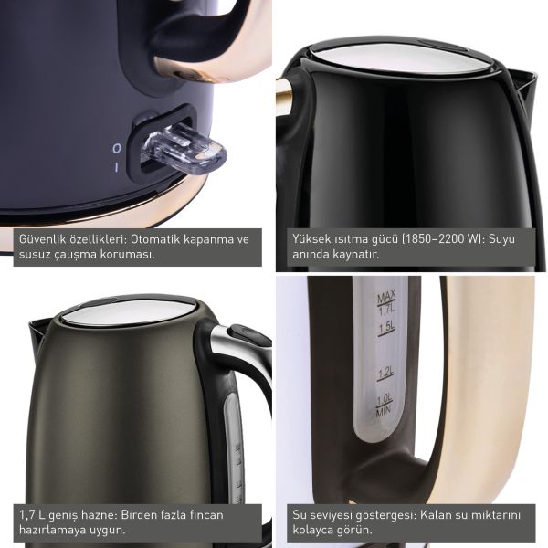 BERGHOFF - Berghoff Gem Titan Set 1.7 Litre Siyah Gold Su Isiticisi + Iki Dilim Ekmek Kizartma Makinesi (1)