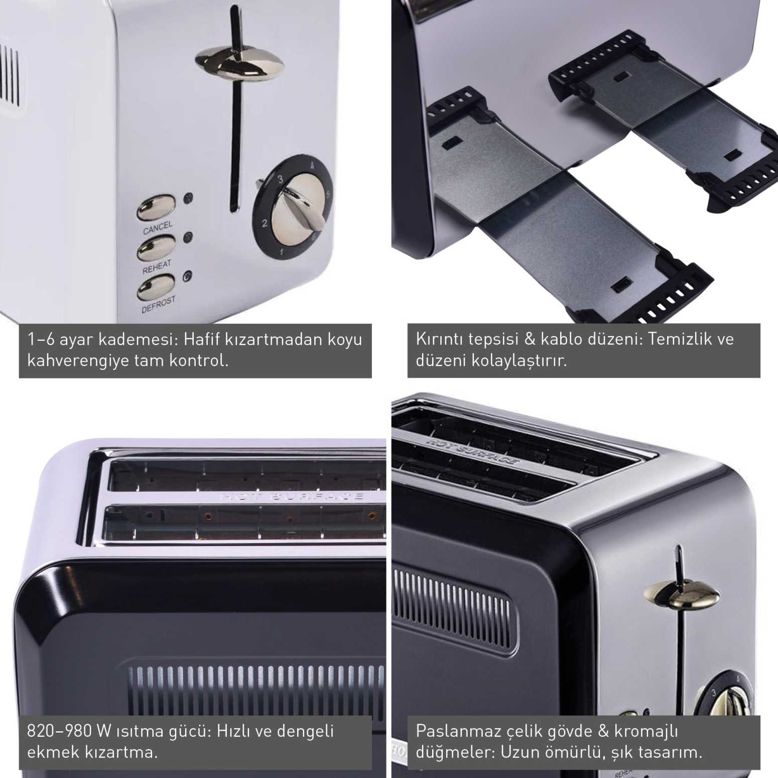 BergHOFF GEM TITAN Parlak Gümüş Siyah Dört Dilim Ekmek Kızartma Makinesi - 3