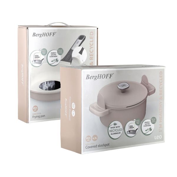 BERGHOFF - Berghoff Leo Phantom Kapaklı Yapışmaz Tencere + Kızartma Tavası 24 Cm Latte (1)