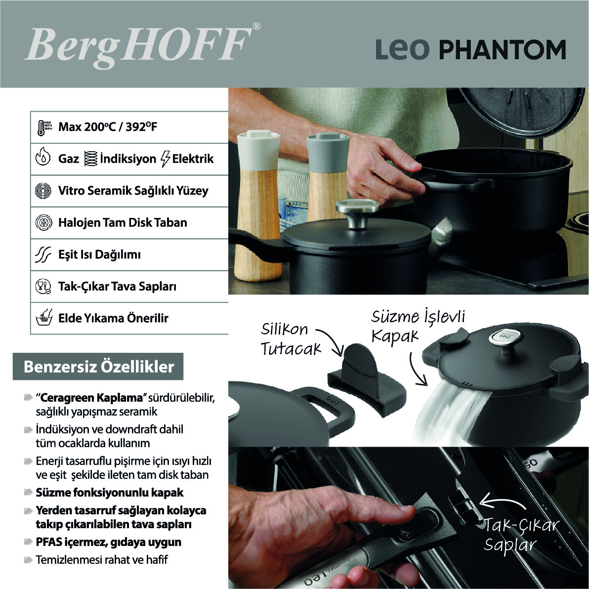 Berghoff Leo Phantom Yapışmaz Kapaklı Derin Tencere 28 cm - 4