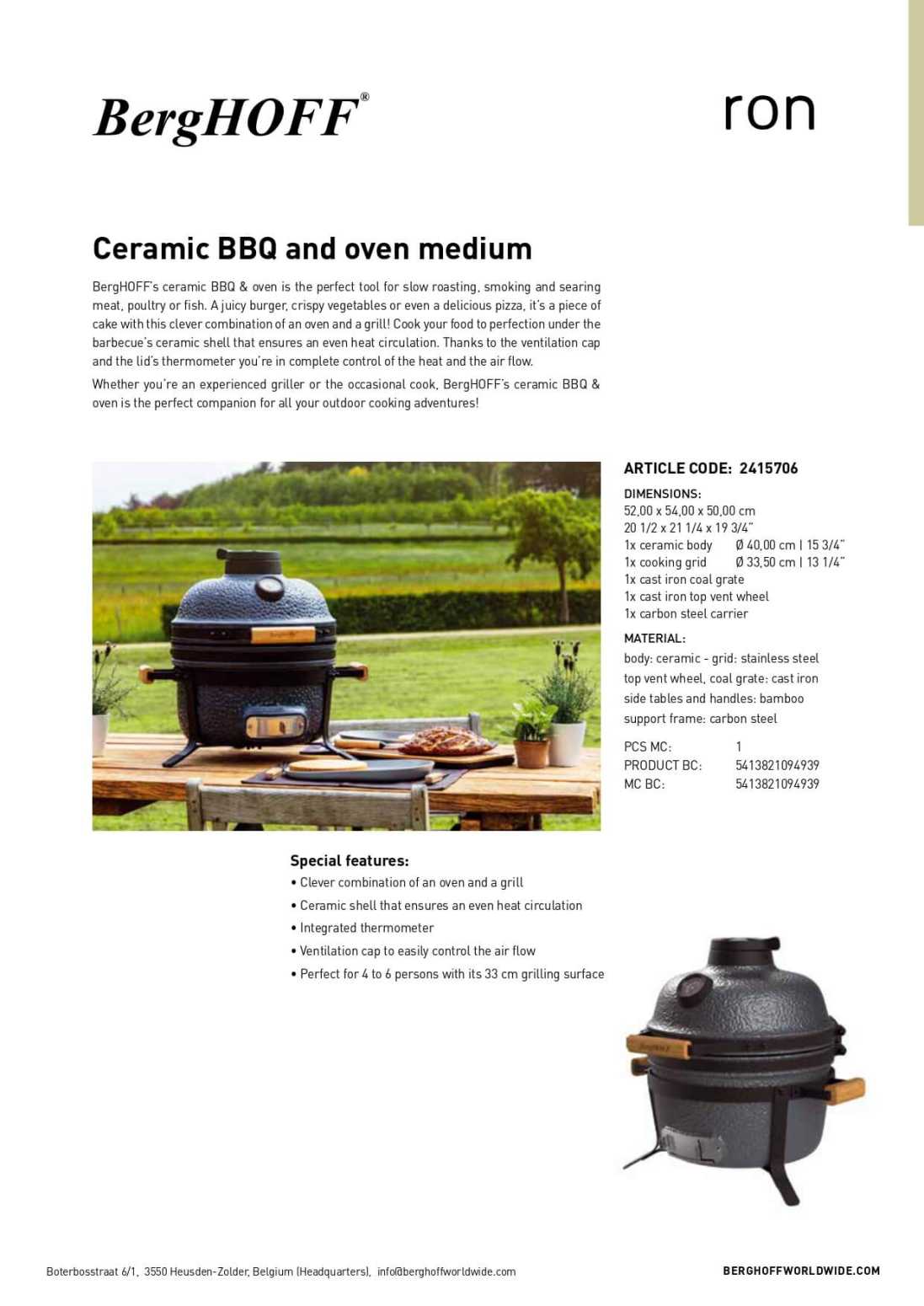 Berghoff Ron Seramik Barbekü ve Fırın Orta Gri 40 Cm - 3