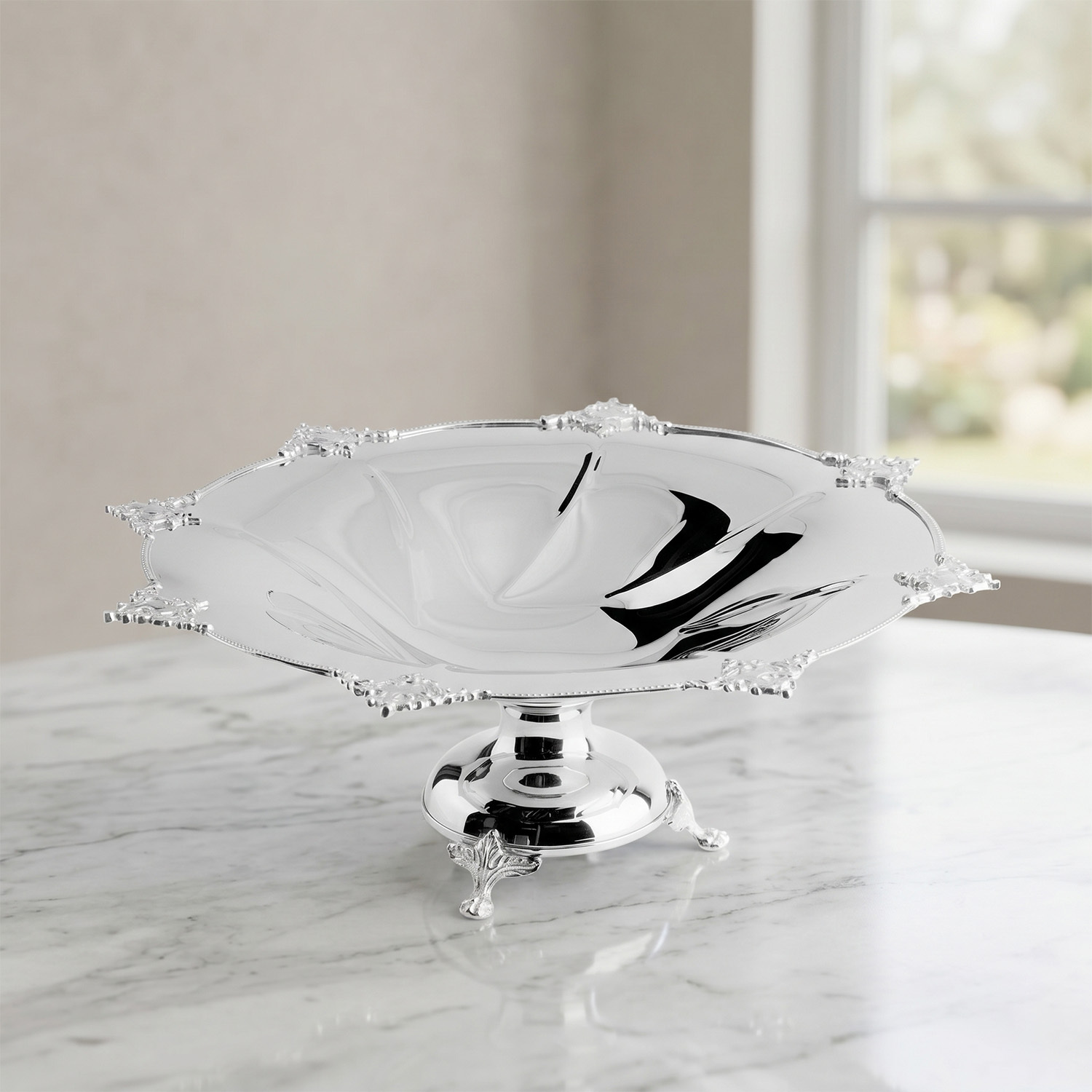 Dekoratif İşlemeli Kenarlı Ayaklı Paslanmaz Çelik Sunumluk 30 cm - 3