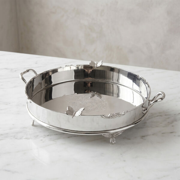 Dekoratif Kelebek Detaylı Paslanmaz Çelik Ayaklı Tepsi 34 cm (1)