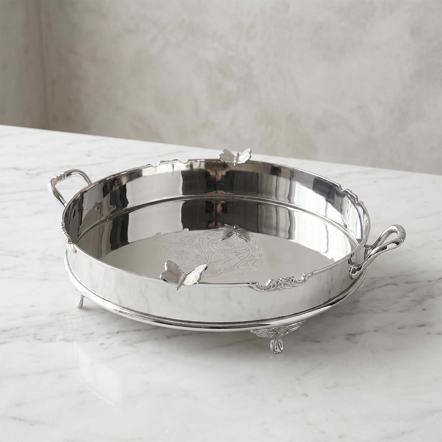 Dekoratif Kelebek Detaylı Paslanmaz Çelik Ayaklı Tepsi 34 cm - 2