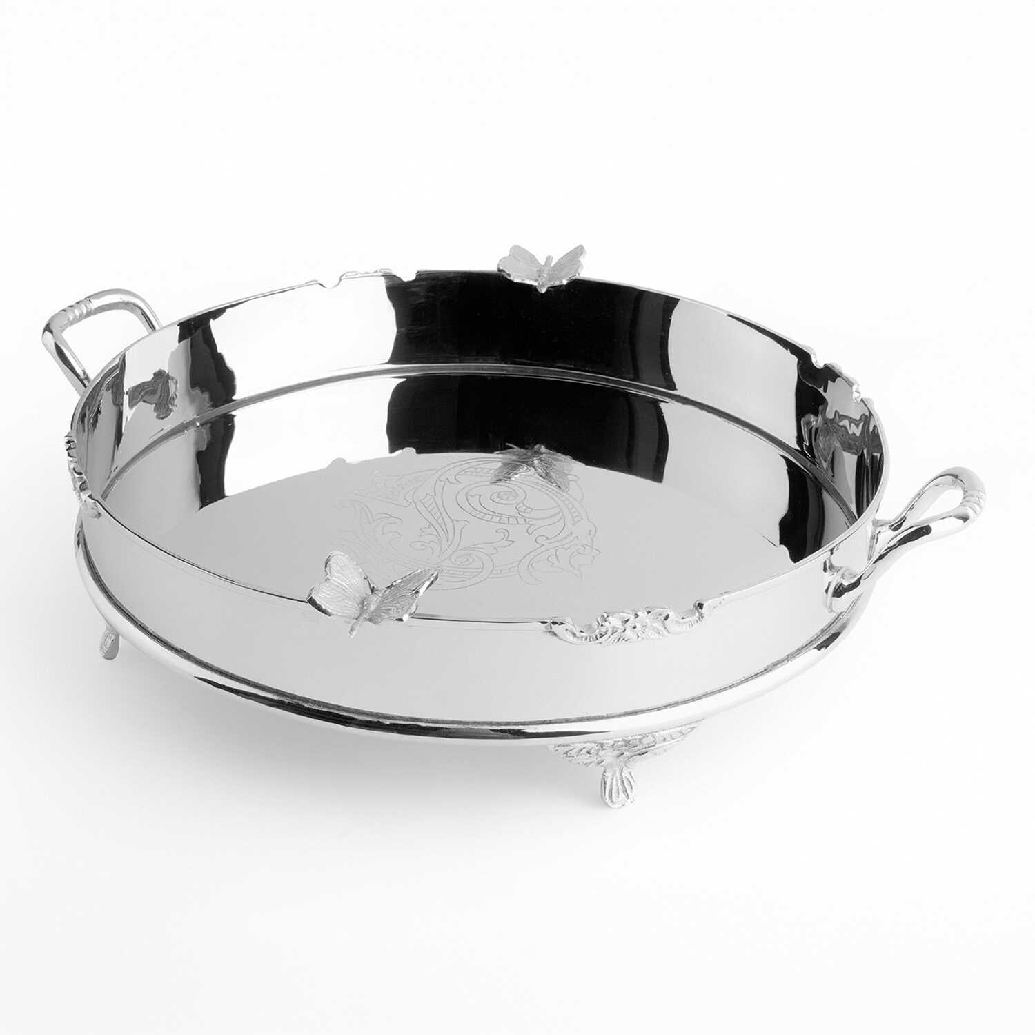 Dekoratif Kelebek Detaylı Paslanmaz Çelik Ayaklı Tepsi 34 cm - 1