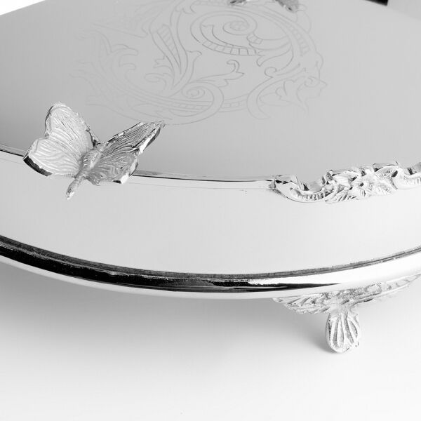 Dekoratif Kelebek Detaylı Paslanmaz Çelik Ayaklı Tepsi 34 cm - 3