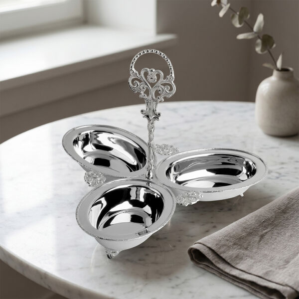 Dekoratif Pirinç İşlemeli Paslanmaz Çelik Lüks 3lü Çerezlik (1)