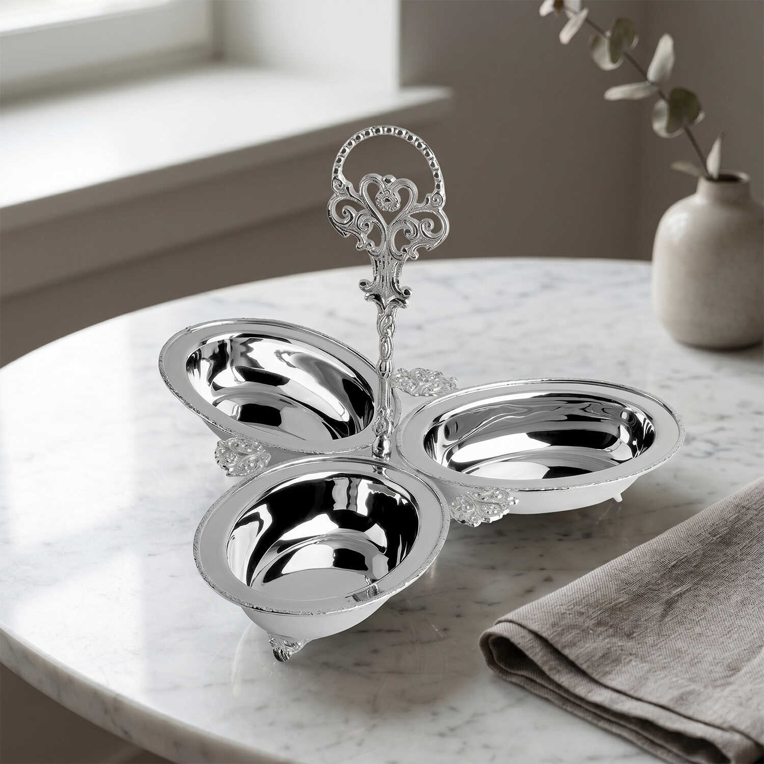 Dekoratif Pirinç İşlemeli Paslanmaz Çelik Lüks 3lü Çerezlik - 2