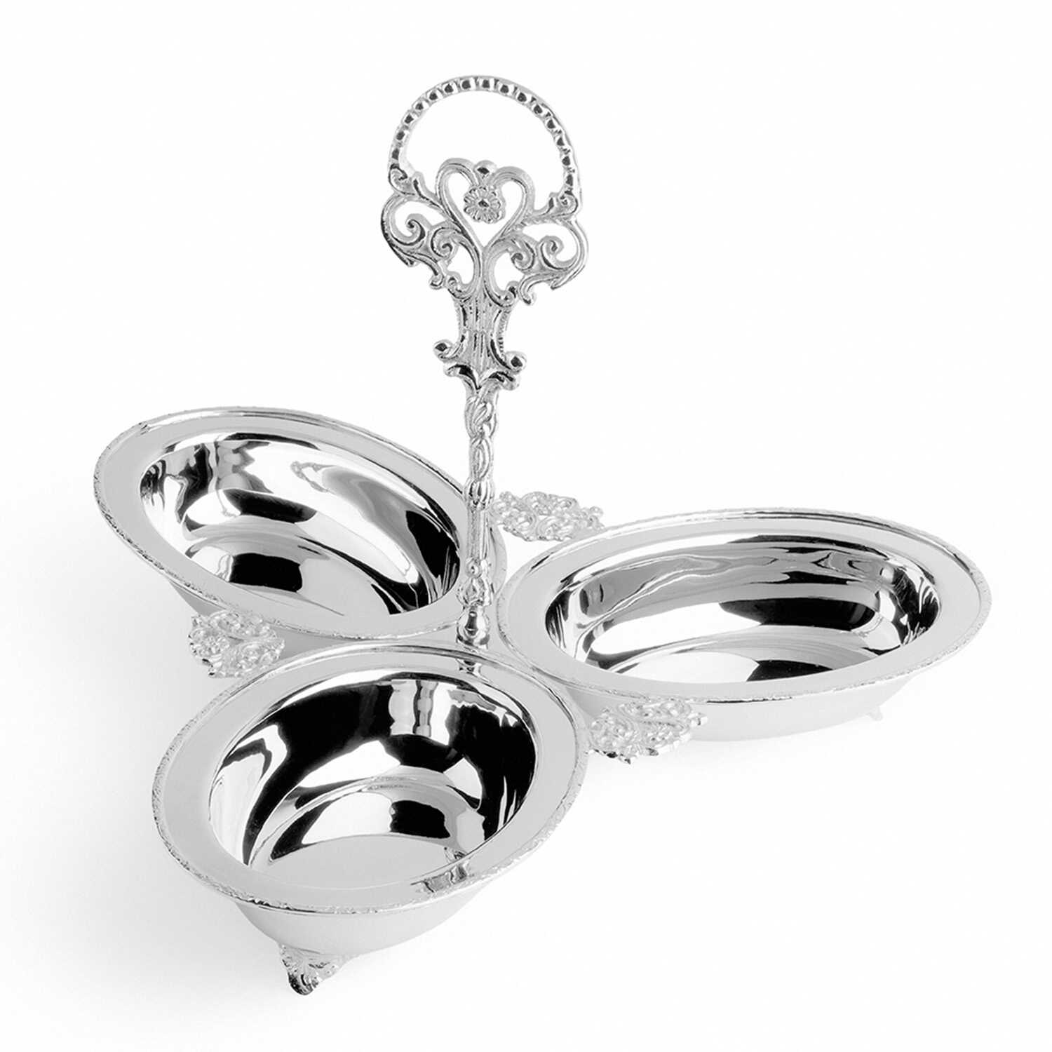 Dekoratif Pirinç İşlemeli Paslanmaz Çelik Lüks 3lü Çerezlik - 1