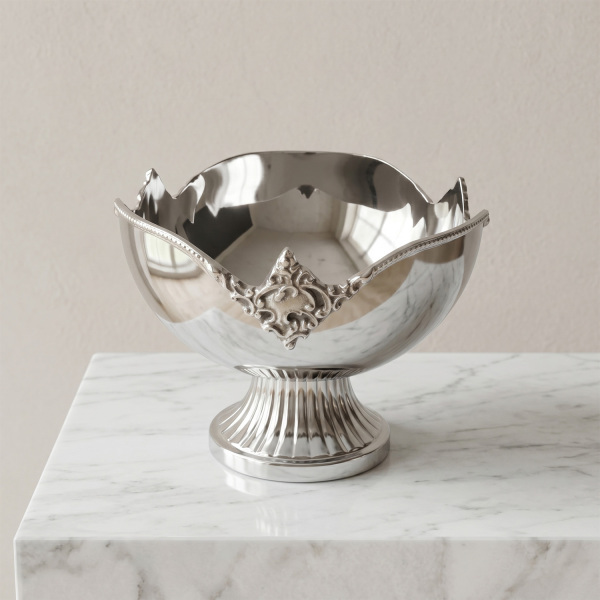 Dekoratif Taç İşlemeli Ayaklı Paslanmaz Çelik Sunum Kasesi 16 cm (1)