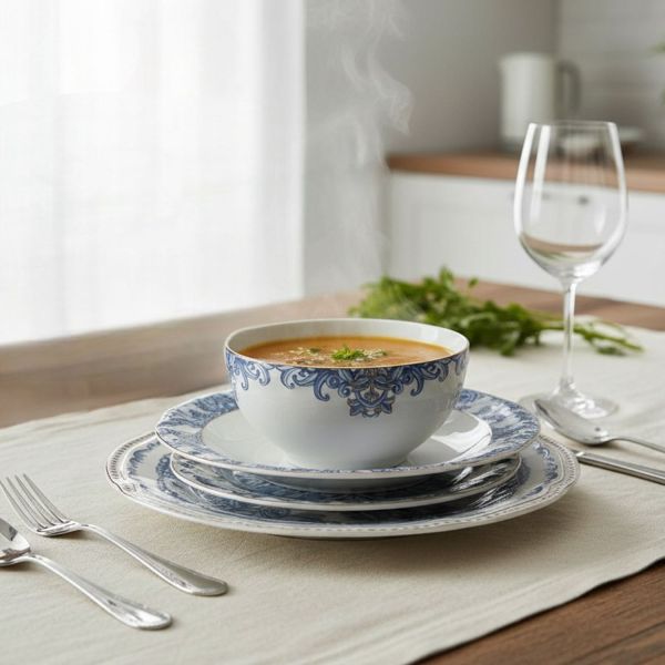 Florance Mavi&Beyaz Desenli New Bone China Porselen 24 parça Yemek Takımı - 6