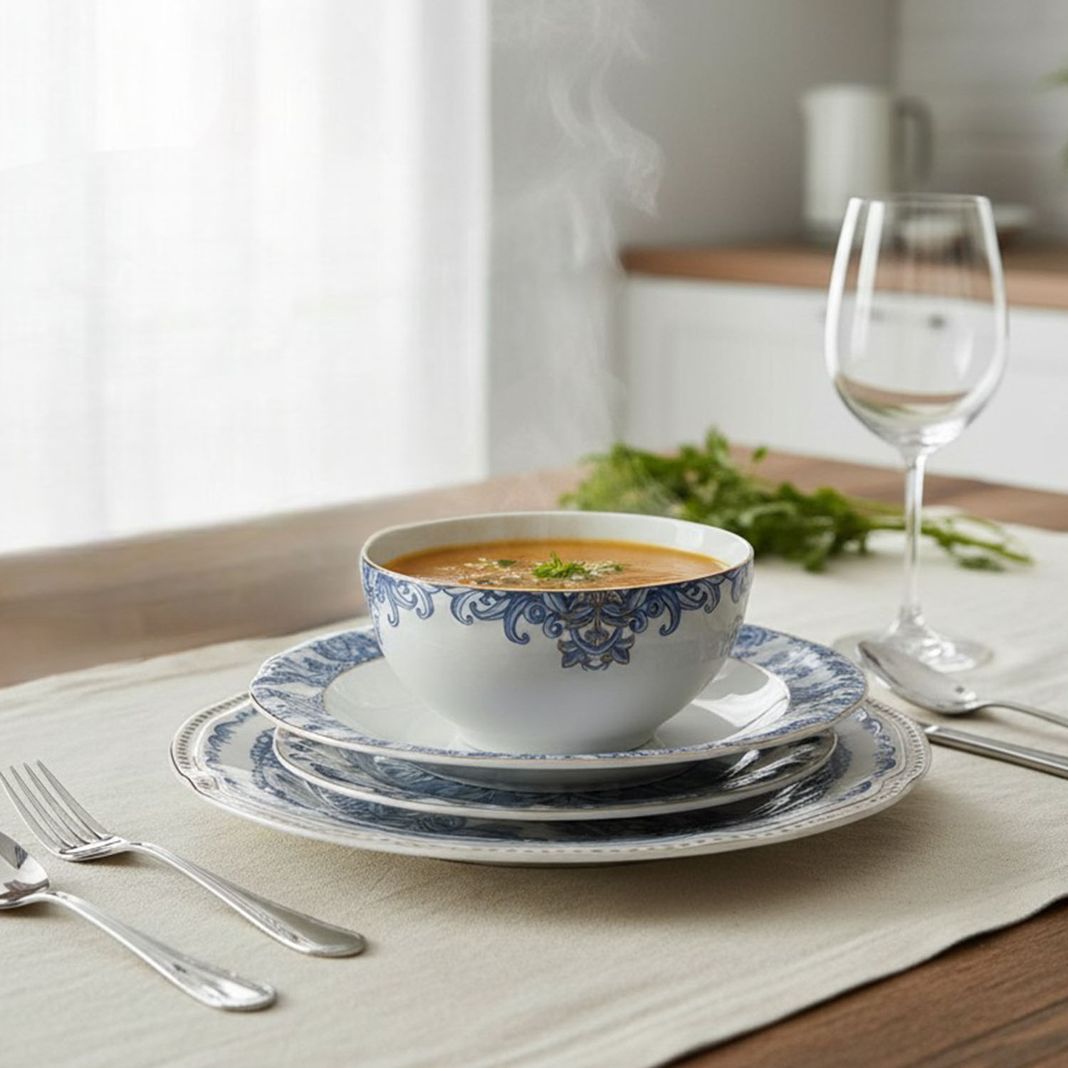 Florance Mavi&Beyaz Desenli New Bone China Porselen 24 parça Yemek Takımı - 6