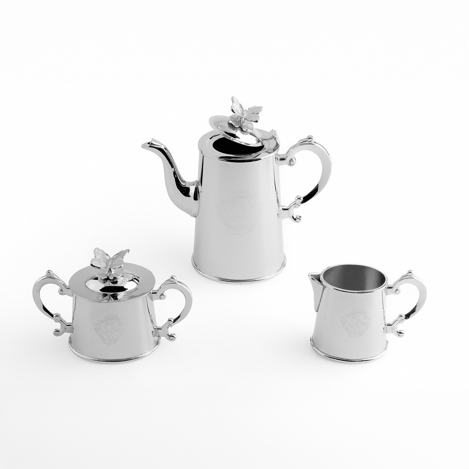 Kelebek Detaylı 3 Parça Paslanmaz Çelik Çay Servis Seti - 1