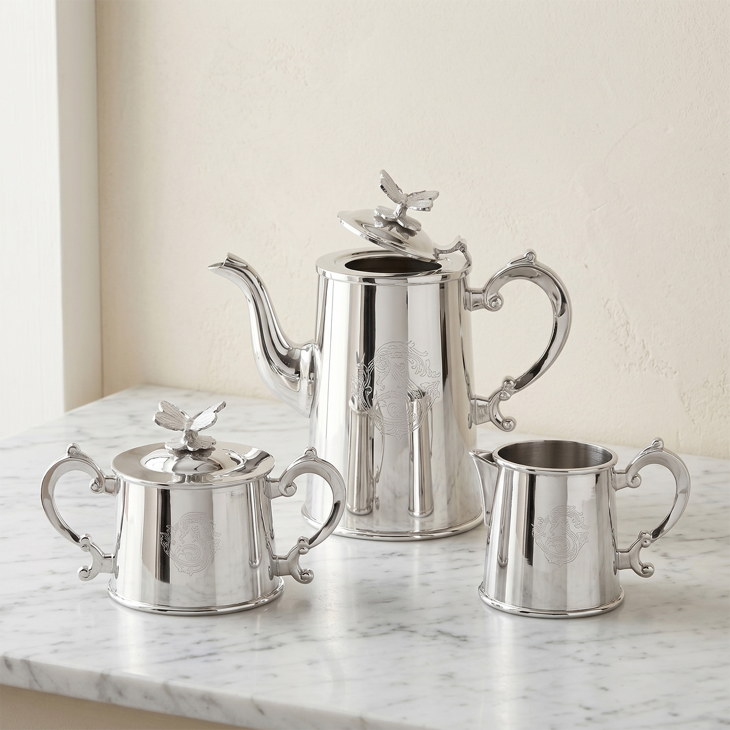 Kelebek Detaylı 3 Parça Paslanmaz Çelik Çay Servis Seti - 2