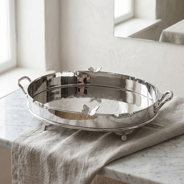 Kelebek Detaylı Ayaklı Paslanmaz Çelik Elips Tepsi 44 cm (1)