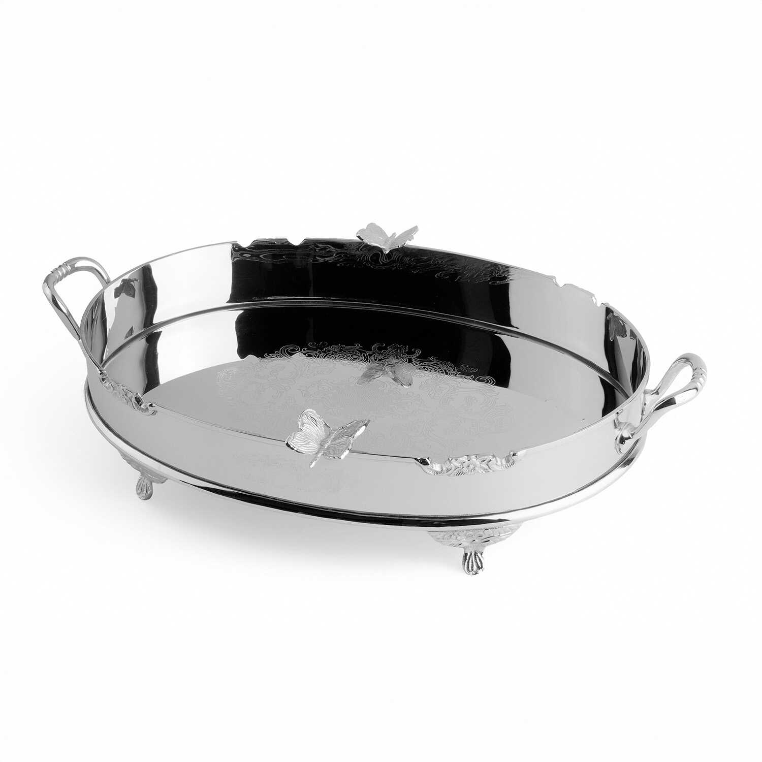 Kelebek Detaylı Ayaklı Paslanmaz Çelik Elips Tepsi 44 cm - 1