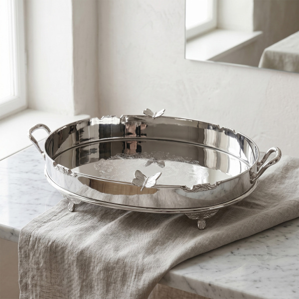 Kelebek Detaylı Ayaklı Paslanmaz Çelik Elips Tepsi 44 cm (1)