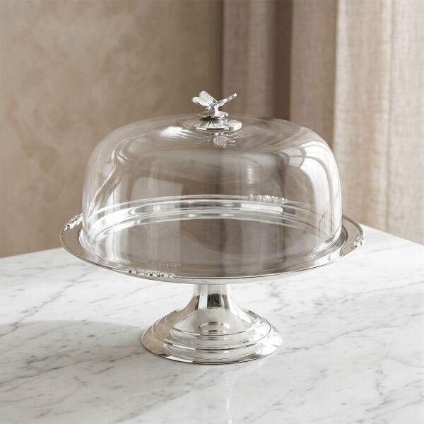 Kelebek Detaylı Cam Kapaklı Çelik Kek Standı 31 cm (1)