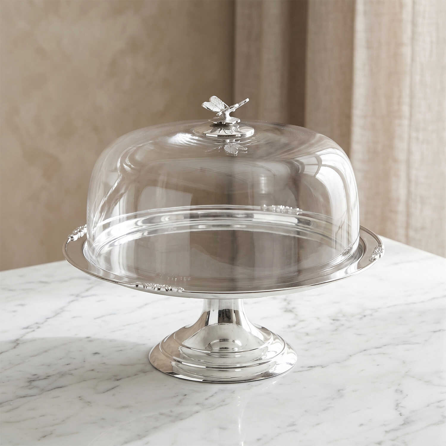 Kelebek Detaylı Cam Kapaklı Çelik Kek Standı 31 cm - 2