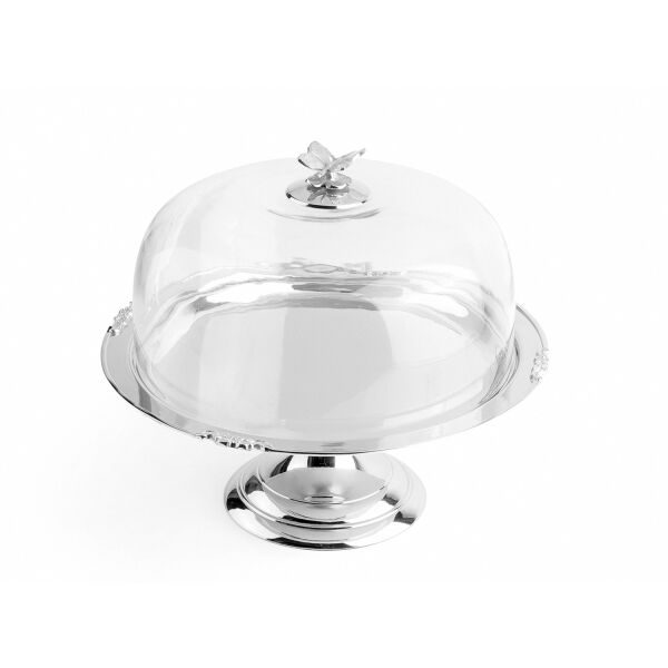 Kelebek Detaylı Cam Kapaklı Çelik Kek Standı 31 cm