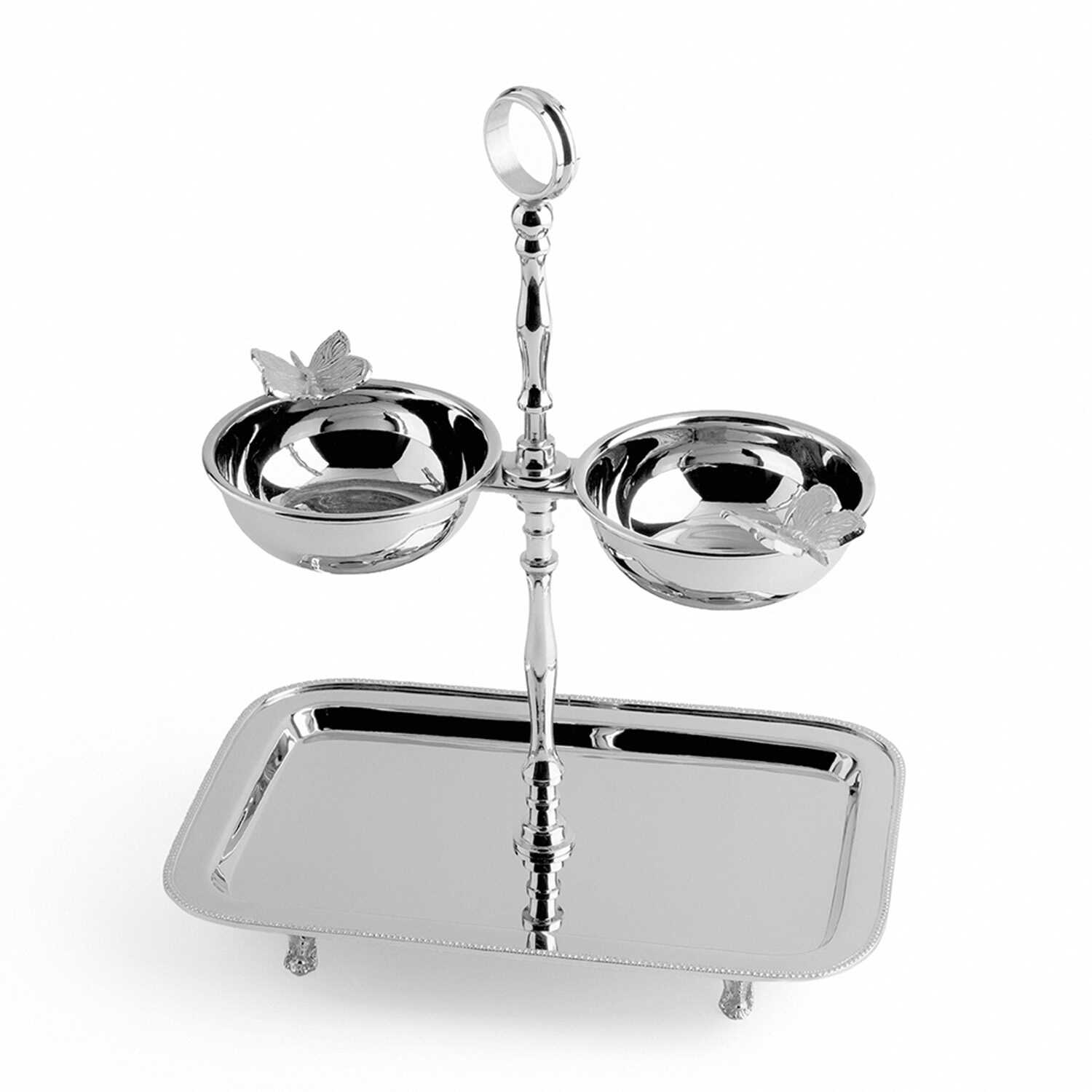 Kelebek Detaylı Katlı Çelik Tepsi ve Çerezlik Seti - 1