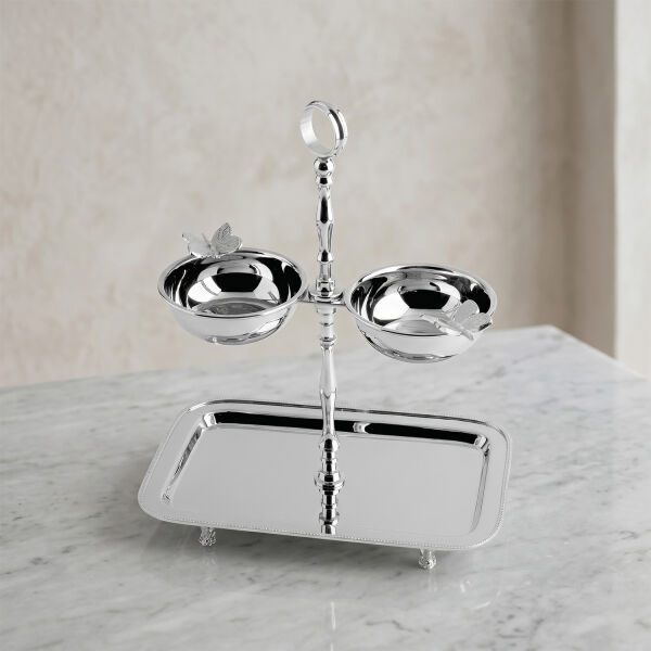 Kelebek Detaylı Katlı Çelik Tepsi ve Çerezlik Seti - 3