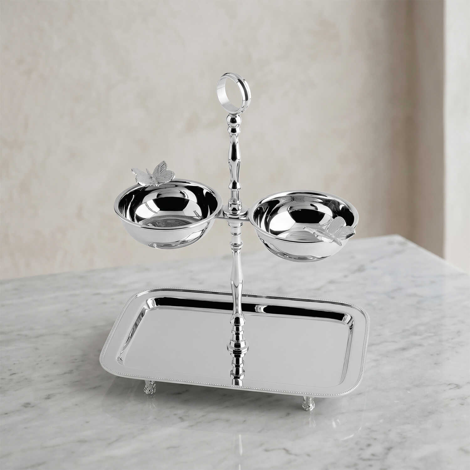 Kelebek Detaylı Katlı Çelik Tepsi ve Çerezlik Seti - 3