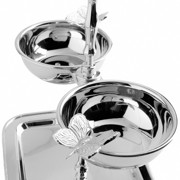 Kelebek Detaylı Katlı Çelik Tepsi ve Çerezlik Seti (1)