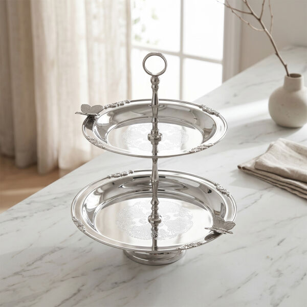 Kelebek Detaylı Paslanmaz Çelik Çift Katlı Sunumluk 26 cm - 3