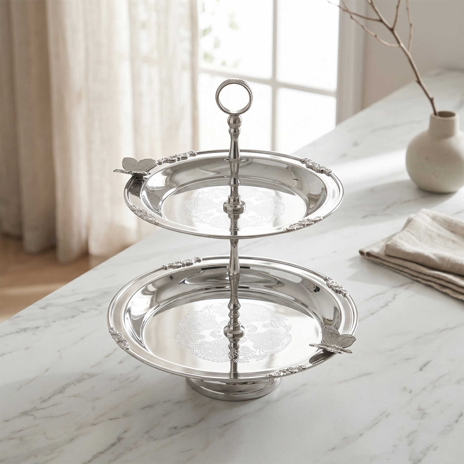 Kelebek Detaylı Paslanmaz Çelik Çift Katlı Sunumluk 26 cm - 3